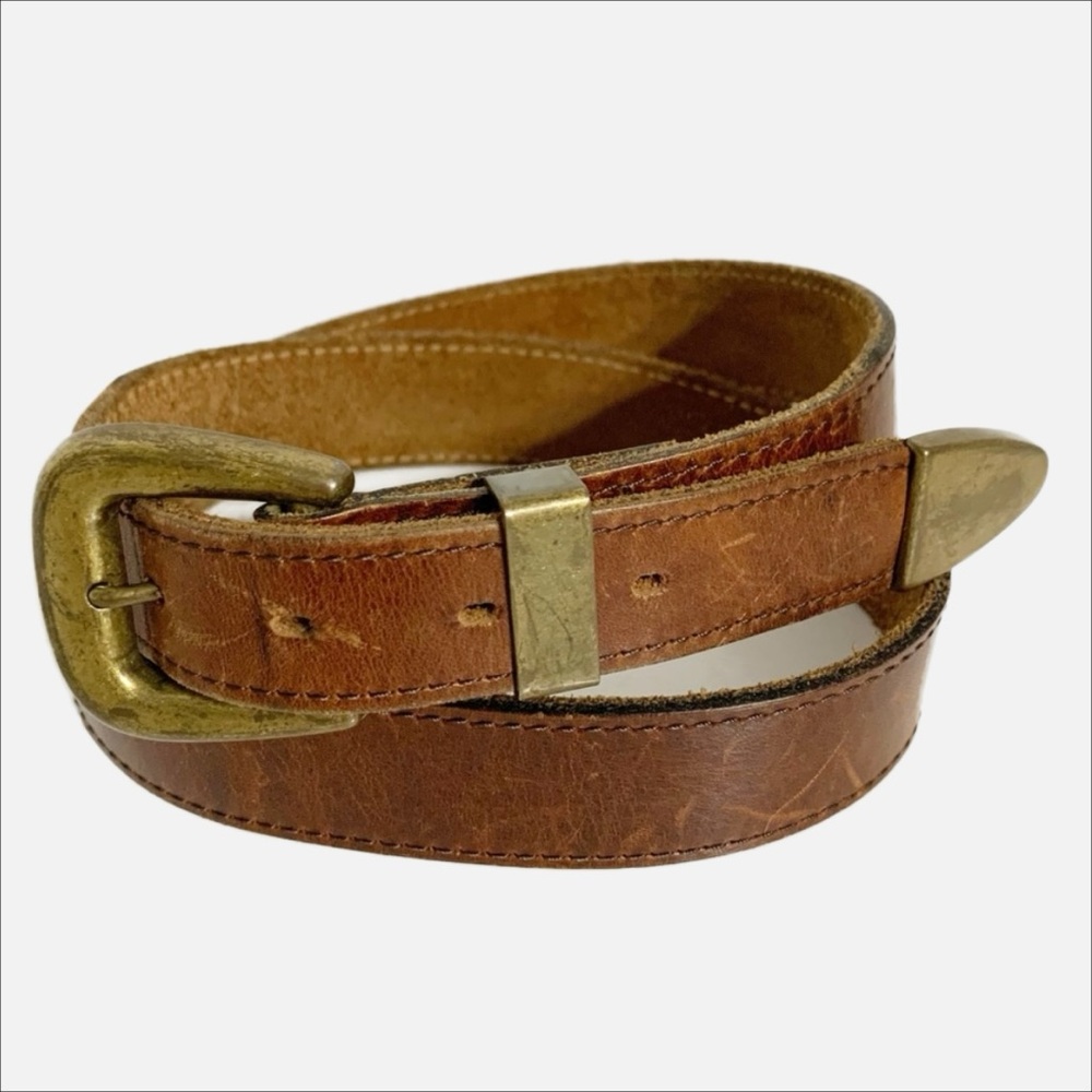 Unbranded Smooth Leather Belt Rounded Square Brass Toned Buckle, Tip and Keeper